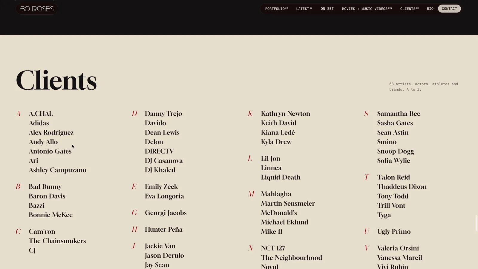 Bo Roses clients page listing client names in four columns
