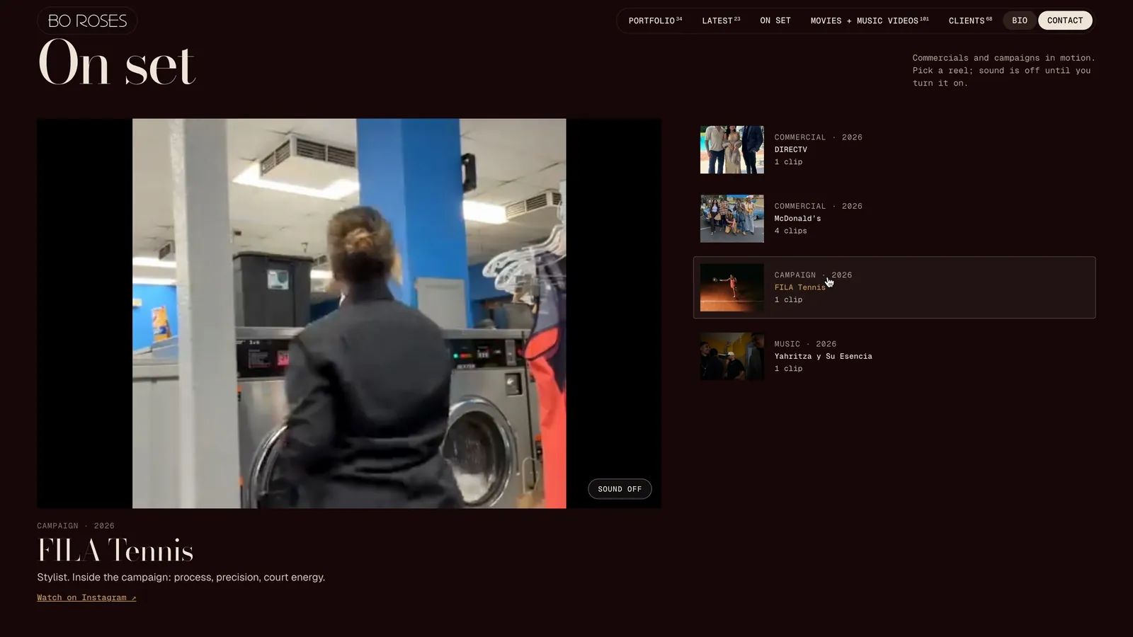 Bo Roses On set page with a video player and a list of reels