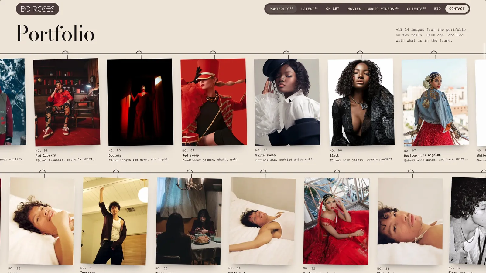 Bo Roses portfolio with two rails of labelled fashion photographs on cream paper