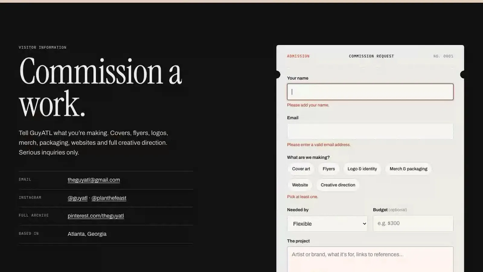 GuyATL commission page with a project brief form