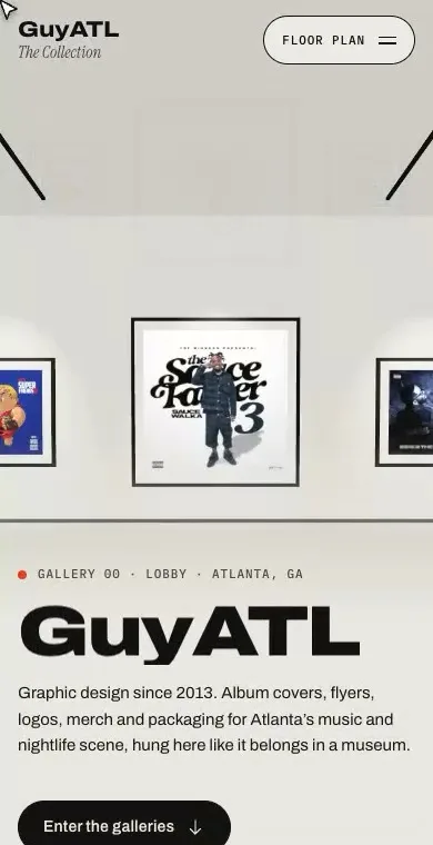 GuyATL mobile layout with framed work and a floor plan button