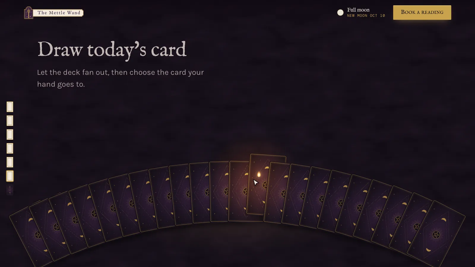 The Mettle Wand draw today's card section with a fan of tarot cards