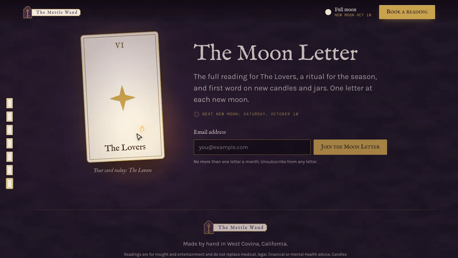 The Mettle Wand Moon Letter signup beside The Lovers tarot card