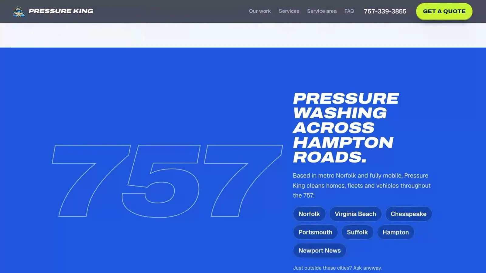 Pressure King service area section with a large 757 outline and a list of Hampton Roads cities