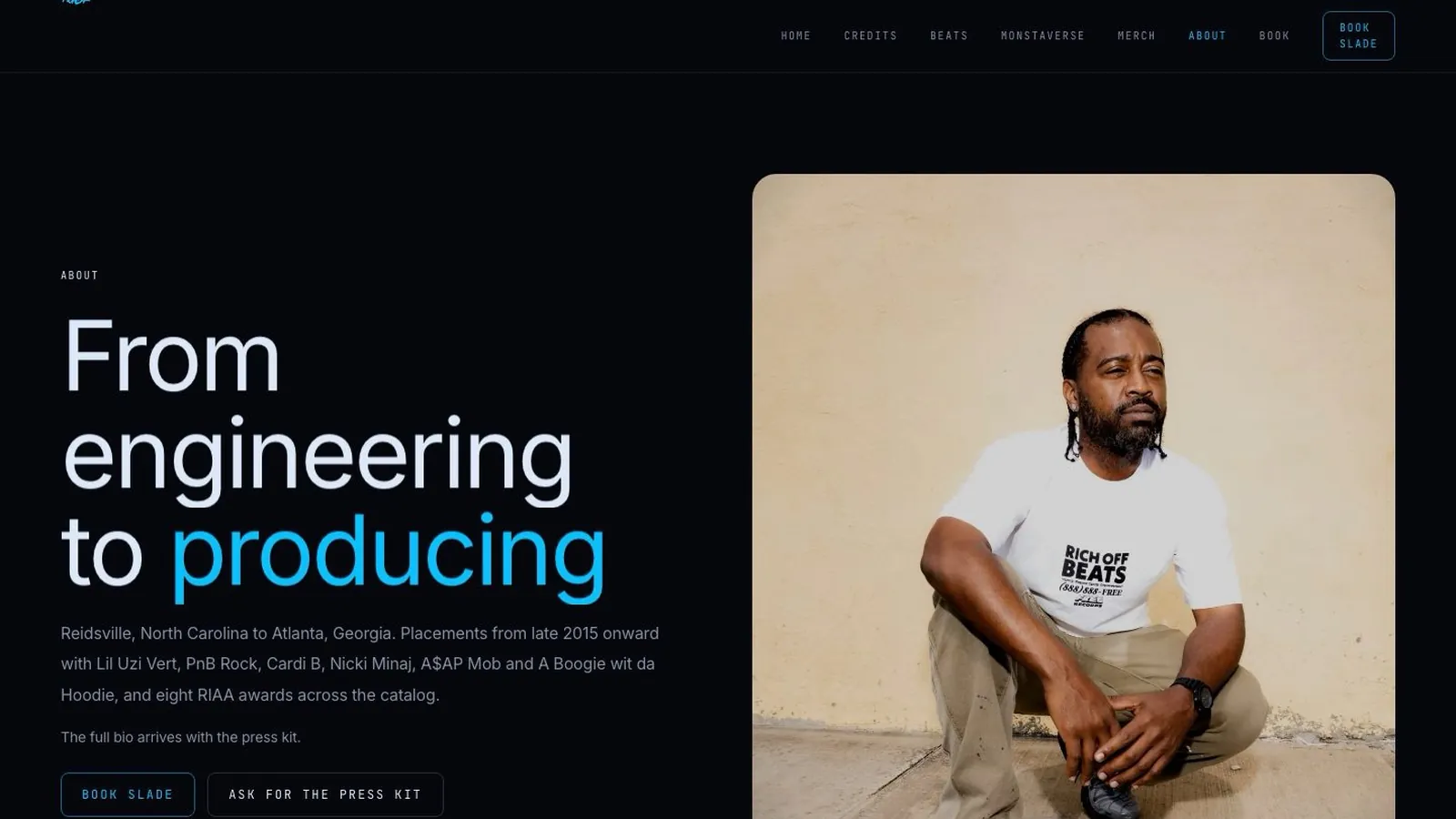 Slade Da Monsta about section reading From engineering to producing beside a portrait
